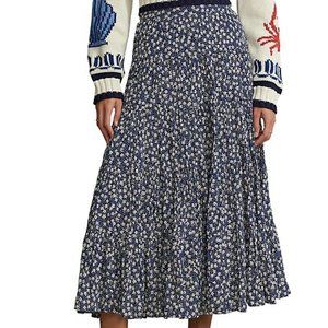 New Polo Ralph Lauren Blue Summer Floral Tiered Midi Skirt Size 12